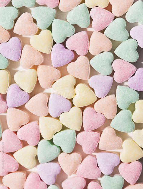 Valentine: Candy Hearts Crowded Together by Sean Locke for Stocksy United Logo Brainstorming, Hart Wallpaper, Floral Branding, Candy Pastel, February Wallpaper, Aesthetic Rainbow, Valentine Candy Hearts, Valentine Images, Color Aesthetic