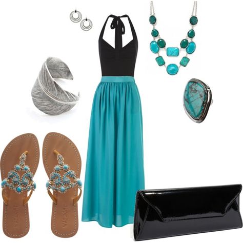 "Black & Turquoise- Maxi Skirt" by amyjoyful1 on Polyvore Turquoise Maxi Skirt Outfit, Turquoise Outfit, Mystique Sandals, Turquoise Clothes, What Should I Wear Today, Maxi Skirt Outfits, Black Turquoise, Jane Norman, Halter Neck Top