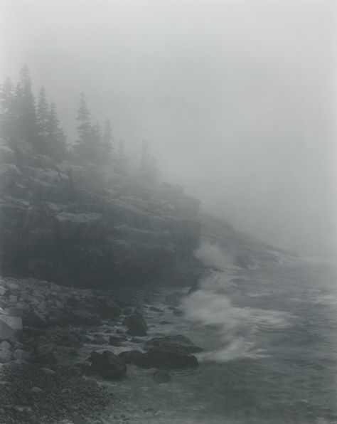 Shore in Fog Mount Desert Island, George Tice Mount Desert Island, Light Film, Ocean Shores, Dark Cottagecore, Island Art, Desert Island, Fantasy Aesthetic, Dark Fantasy, Minneapolis