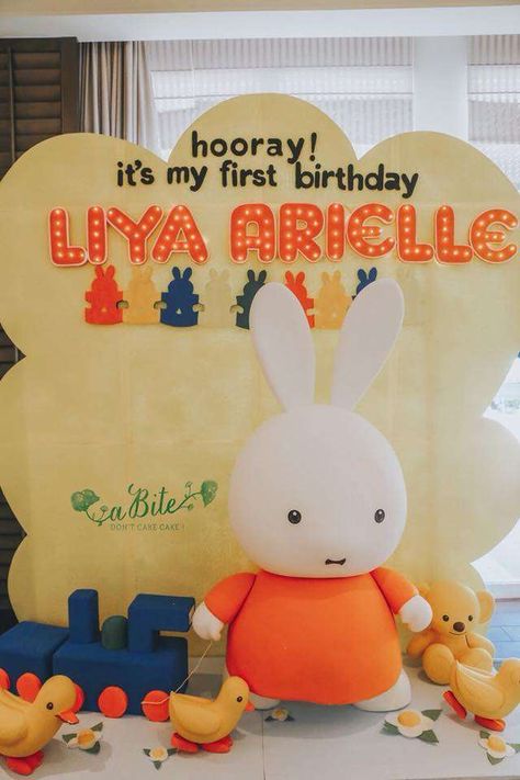 Hooray! Its my first birthday | CatchMyParty.com Miffy Theme Birthday Party, Miffy Decoration, Miffy Party First Birthdays, Miffy Birthday Party, Miffy Party, Miffy Birthday, Iphone Theme Ideas, Miffy Figurine, My First Birthday