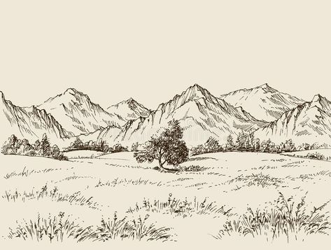 Prairie and mountains drawing royalty free illustration Drawing View Nature Pencil, Skyscrapers Drawing, Prairie Landscape, Mountain Sketch, City Skyscrapers, View Drawing, Landscape Pencil Drawings, Mountain Drawing, Tree Sketches