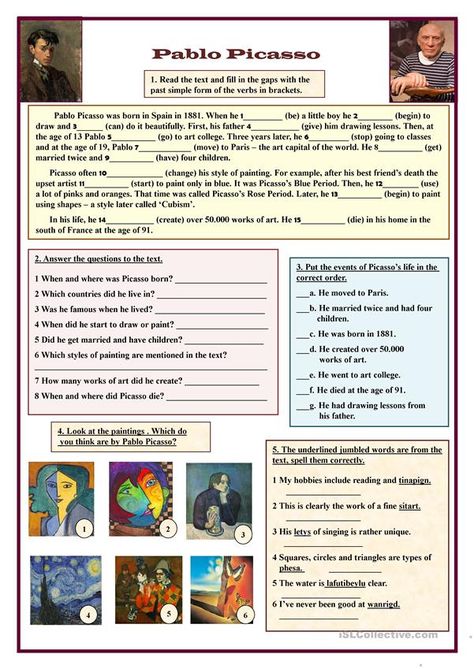 Pablo Picasso - English ESL Worksheets for distance learning and physical classrooms Picasso Worksheet, Esl Reading, Art History Lessons, History Worksheets, Art Worksheets, Art Curriculum, School Worksheets, Homeschool Art, School Art Projects