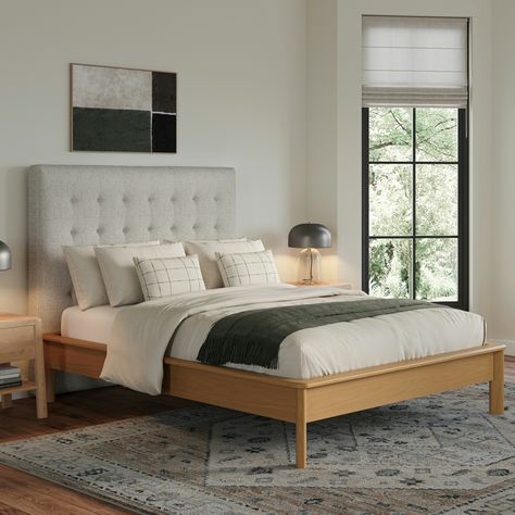 Pactera Oak Queen Bed King Bed Frame With Headboard, Bedroom Rugs Under Bed, Creative Bedroom Decor, Mid Century Modern Bed, Modern Beds, Modern Headboard, Bed Frame With Headboard, Oak Beds, Tall Headboard