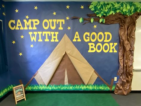 Bulletin Board Camping Theme, Camping Doors For Classroom, Fall Camping Classroom Door, Camp Classroom Decorations, The Great Outdoors Bulletin Board Ideas, Outdoor Themed Bulletin Boards, Camp Out With A Good Book Bulletin Board, Classroom Theme Camping, Happy Camper Bulletin Board