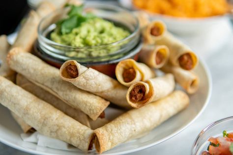 Vegan Baked Taquitos | Pass the Plants Vegan Appies, Taquitos Baked, Vegan Taquitos, Healthy Lunchbox Recipes, Vegan Party Snacks, Baked Taquitos, Vegan Ground Beef, Oil Free Vegan Recipes, Vegan Beef