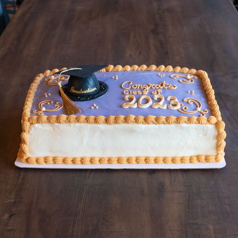 This 2-layer gluten-free sheet cake incorporates colors from the graduates high school, celebrating their transition to the next stage of life. Graduation Sheet Cakes, Sheet Cake, Custom Cakes, High School, Gluten Free, The Next, Cake