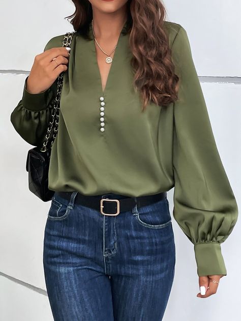 Olive Green Casual Collar Long Sleeve Satin Plain Top Embellished Non-Stretch  Women Tops, Blouses & Tee Olive Blouse Outfit, Olive Green Blouse Outfit, Green Blouse Outfit, Black Blouse Outfit, Satin Blouse Outfit, Outfits Con Camisa, Bishop Sleeve Blouse, Olive Green Top, Olive Green Blouse