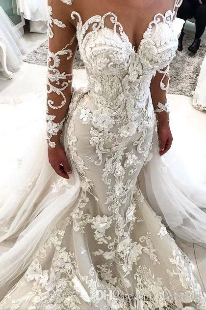 2019 Glamorous Mermaid Wedding Dresses With Detachable Train Illusion Sheer Neck Long Sleeves Handmade Flowers Luxury Bridal Gowns BA9786 Cream Wedding Dresses Designer Wedding Dress From Bestdeals, $222.72| DHgate.Com Scoop Wedding Dress, Cinderella Ball, Wedding Dresses Near Me, Long Sleeve Bridal Gown, Open Backs, Detachable Train, Bridal Gowns Mermaid, Mermaid Wedding Dresses, Sophisticated Bride