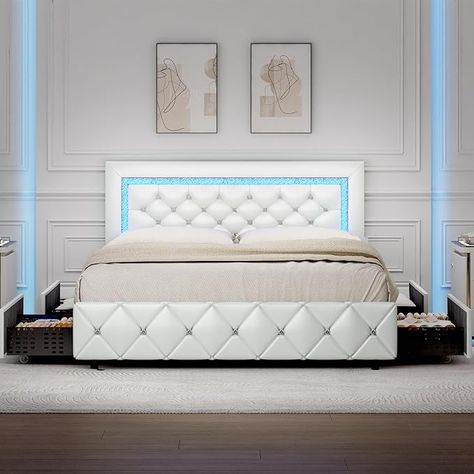 Diamond Bed Frame, Store Bed Sheets, King Bed Frame With Storage, Diamond Bed, Bed Frame With Storage Drawers, White Bed Frames, Bed Frame With Led Lights, Led Bed, Led Beds