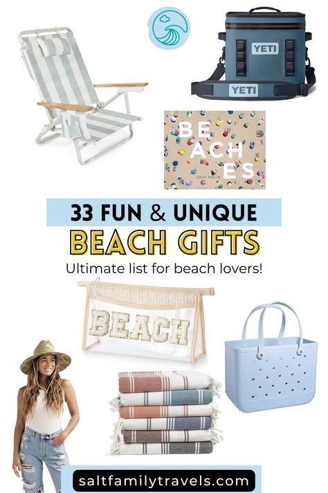 Yeti beach cooler, round beach towel, sand keepsake home decor and striped beach chair that can be worn as a backpack Vacation Themed Gift Basket, Fun In The Sun Basket Ideas, Beach Theme Basket Ideas, Beach Presents Ideas, Pool Themed Gift Basket, Beach Theme Basket, Beach Theme Raffle Basket Ideas, Beach Bag Teacher Gift Ideas, Beach Birthday Gift Ideas