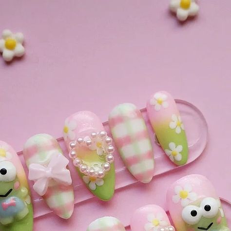 Destiny - Your Luxury Press on Nail Artist on Instagram: "Cute summer nails with Keroppi! Loving these colors! This set is calling your name!! 

#pressonnailsforsale
#pressonnails #pressonnailbusiness #pressons #luxurypressonnails #custompressonnails #nailart #nailartist #cutenails #kawaiipressonnails #keroppinails" Keroppi Nails, Cute Summer Nails, Nail Inspiration, Reference Photos, Artist On Instagram, Art Reference Photos, Nail Artist, Spring Nails, Nails Inspiration