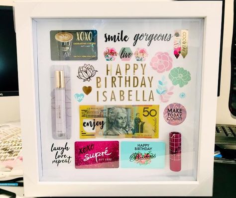 Birthday Shadow Box Ideas Gift, Gift Card Picture Frame Idea, Shadow Box Gift Ideas Friends, 70th Birthday Shadow Box Ideas, Best Friend Birthday Gift Ideas Poster Board With Pictures, Happy 11th Birthday, Shadow Box Gifts, Baby Keepsakes, Gifts Wrapping Diy