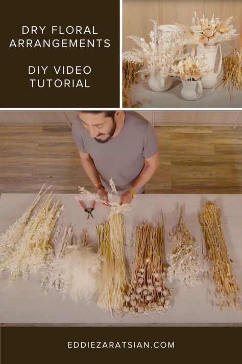 From stylish centerpieces to charming accents, these textured floral arrangements will add a touch of elegance to any room in your home. Get inspired from this DIY video tutorial to craft your own dried floral creations that can be enjoyed for months to come. Diy Dried Flower Arrangements Wedding, How To Arrange Artificial Flowers, Diy Dried Floral Arrangements, Diy Boho Floral Arrangement, Diy Boho Flower Arrangements, Dried Floral Centerpieces, Floral Centerpieces Diy, Floral Arrangements Diy Tutorials, Dry Floral Arrangements