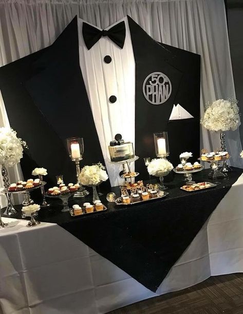 Black Tie Casino Party, Table Decoration For Men Birthday, Bow Tie Party Theme For Men, Tuxedo Party Theme, Male 60th Birthday Party Decorations, 70 Birthday Party Themes For Men, Tuxedo Party Ideas, Black Tie 21st Birthday Party, Black Tie Party Decorations Ideas