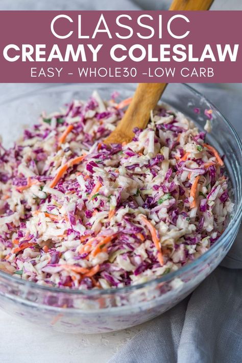 Add this Classic Creamy Coleslaw recipe to your list of backyard barbecue staples. It is made with simple, Whole30 friendly ingredients and has that perfect balance of tart, crunch, and creamy that I love in a coleslaw. Whole 30 Coleslaw, Creamy Coleslaw Recipe, Traditional Coleslaw Recipe, Healthy Coleslaw Recipes, Easy Meal Prep Lunches, Healthy Coleslaw, Coleslaw Recipe Easy, Whole30 Dinners, Creamy Coleslaw