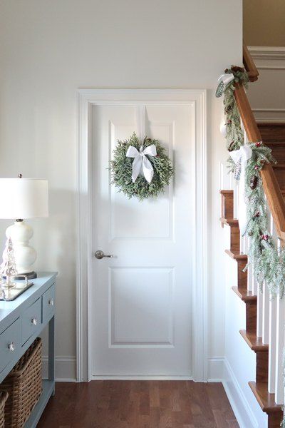 Where To Hang Wreaths In House, Indoor Wreath Ideas, Wreath On Pantry Door, Christmas Bedroom Door Decorations, Indoor Wreath Decor, Wreath On Mirror, Porch Daydreamer, Bedroom Wreath, Indoor Door Decor