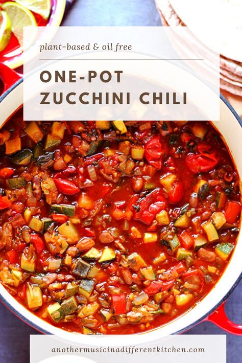 This easy one-pot zucchini chili tastes incredible and is completely guilt free. vegan and oil free, this is a healthy, simple to prepare meal that stands on its own or is great over rice or baked potatoes and compliments all your favorite toppings. #chili #vegan #plantbased #oilfree #zucchini #healthyrecipes #easy #anothermusicinadifferentkitchen #lowfat #zucchinichili #dinner #maincourse Zucchini Chilli Recipe, Vegetarian Chili With Zucchini, Chili With Zucchini Recipe, Chili Recipe With Veggies, Zucchini Chili Recipe, Chili With Zucchini, Burrito Boats, Zucchini Chili, Chilli Sin Carne