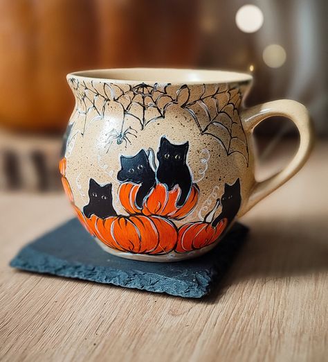 Pumpkin Field Black Cat Mug for Halloween, Cute Spooky Season Mug for Gift, Witch Halloween Coffee Mug With Spider Web, Cat Lover Gift Witch - Etsy Fall Mugs Aesthetic, Halloween Pottery Painting Ideas, Halloween Pottery Painting, Halloween Pottery Ideas, Halloween Mugs Coffee Cups, Autumn Ceramics, Holiday Ceramics, Halloween Pottery, Pumpkin Field