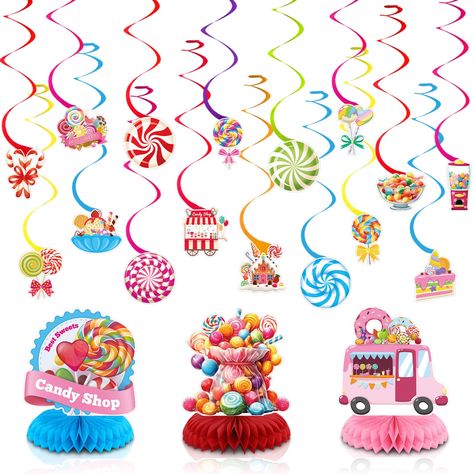 PRICES MAY VARY. PACKAGE CONTAINS: sixteen pcs hanging swirl decorations and three pcs table honeycomb centerpieces decorations. These home sweet classroom decor are sure to add a magical touch to your candy themed party and make it a memorable one SWEET DESIGN: The candyland party decorations feature many candy-themed elements! Like charming candy machines and sweet candy cars. The vivid colors make your space a candy paradise. Use this set for a candy-themed birthday and surprise your friends Candyland Decorations Printable, Candyland Birthday Party Decorations, Candy Land Cutouts, Candyland Theme Sayings, Candyland Entrance Decor, Cupcake Commons Candyland Decorations, Candyland Party Decorations, Donut Theme Party, Candy Car