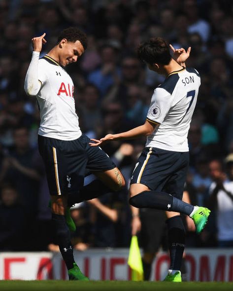 Dele Alli of Tottenham Hotspur celebrates scoring his sides first goal with HeungMin Son of Tottenham Hotspur during the Premier League match between... Tottenham Hotspur Wallpaper, Dele Alli, Tottenham Hotspur Football, England Football Team, Tottenham Hotspur Fc, Fc Chelsea, European Soccer, Soccer Tips, Premier League Matches