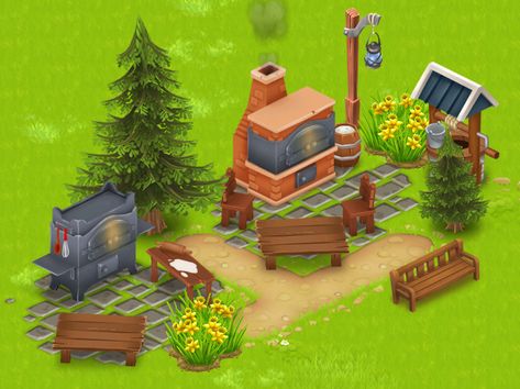 Hay Day Farm Design Smelter, Hayday Layout Ideas Low Level, Hayday Trees Design, Hayday Machines Layout, Hayday Pigs Design, Hay Day Bakery Design, Hay Day Production Buildings Design, Hayday Bakery Design, Hayday Cow Design