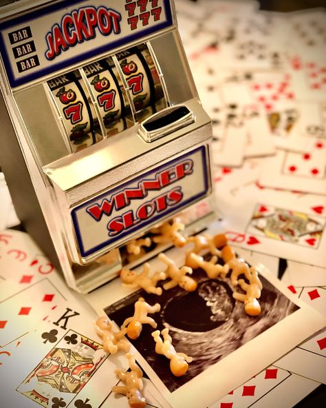 #pregnancyannouncement #casino #jackpot #baby Casino Theme Gender Reveal, Vegas Baby Shower Theme, Casino Gender Reveal, Casino Theme Baby Shower Ideas, Casino Baby Shower Theme, First Pregnancy Announcements, Shower Checklist, Vegas Theme Party, Casino Jackpot