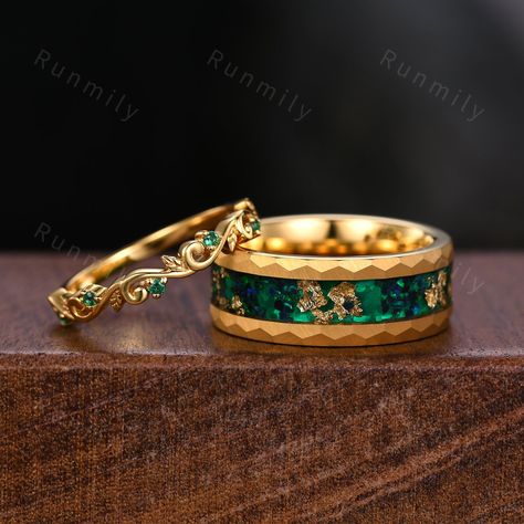 Here we have a Yellow Gold Emerald Couples Band His and Hers Matching Ring Set Leaf Style Ring Mens Green Opal Ring Anniversary Gift For Men and Women. ITEM DESCRIPTION ✦ Handmade, high-quality item! ✦ Material: Sterling Silver/Tungsten ►Sold as a two-piece set ►His ring is Yellow Gold and Black Tungsten Carbide with green opal and 24k gold leaf inlay. ►His band width: 8mm ►His tungsten ring will not turn green itself and will not cause your skin to turn green.  ✦ Durable - Incredibly Scratch-Re Green Ring Men, Matching Ring Set, Couples Rings, Emerald Wedding Band, Couple Band, Future Engagement Rings, Dark Wedding, Black Tungsten, Matching Ring