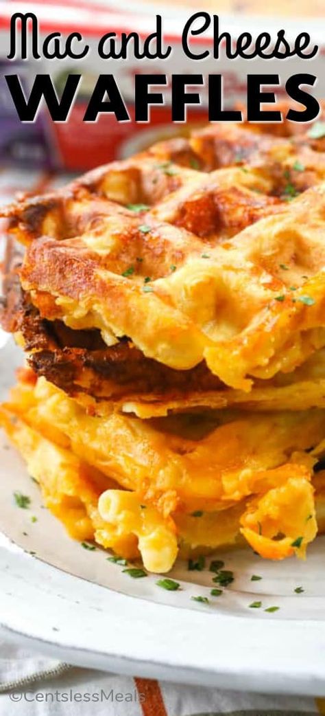 My family loves these Mac and Cheese Waffles! Perfectly crisp on the outside, and so gooey and cheesy on the inside, these waffles are unlike anything you have ever tried before! #centslessmeals #macandcheese #mac&cheese #easydinner #foodreinvented #waffleiron #crispywaffles Mac And Cheese Waffles Recipes, Mac N Cheese Waffle Burger, Waffle Maker Grilled Cheese, Mac And Cheese Waffle Burger, Mac And Cheese Breakfast, Mac And Cheese Burgers, Waffle Iron Grilled Cheese, Breakfast Mac And Cheese, Different Mac And Cheese