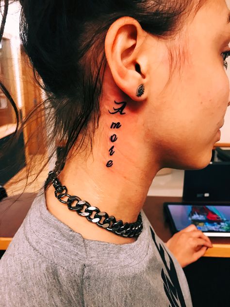 Italian meaning for love “Amore” Love Behind Ear Tattoo, Amor Neck Tattoo, Word Tattoos, Neck Tattoo, Ear Tattoo, Behind Ear Tattoo, Tattoos And Piercings, Polynesian Tattoo, For Love