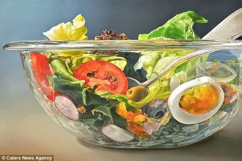 Take a salad leaf out of his book: Mr Sparnaay says he aims to give trivial, mundane objects 'a soul, a presence' Tjalf Sparnaay, Hyperrealistic Art, Hyper Realistic Paintings, Realistic Oil Painting, Creation Photo, Large Salad Bowl, Food Painting, Realistic Paintings, Realism Art