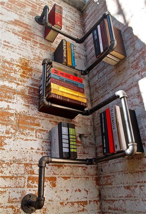 50 Steampunk Style Home Decor Items Celebrating the Mechanical Side of Life Diy Corner Shelves, Décor Steampunk, American Style Homes, Pipe Bookshelf, Iron Pipe Shelves, Farmhouse Bookshelf, Corner Shelf Ideas, Pipe Shelf, Steampunk House