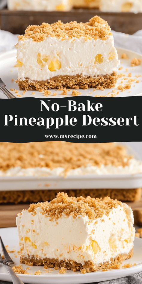 Try this no-bake Pineapple Dream Dessert with creamy layers and a crunchy graham base. It's a refreshing treat for any season! No Bake Pineapple Cream Dessert Recipe, Non Bake Dessert Recipes, Pineapple Delight Dessert No Bake, Pineapple Dessert Recipes No Bake, Pineapple No Bake Dessert, Pineapple Desert Ideas, Pineapple Cheesecake No Bake, No Bake Pineapple Dream Dessert, Crushed Pineapple Recipes Desserts