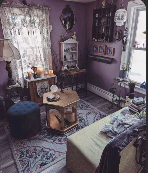 Black And Lilac Room, Plum Purple Room, Purple Witchy Room, Dark Purple Living Room Walls, Vintage Purple Room, Cozy Goth Home, Whimsigothic Living Room, Deep Purple Room, Pastel Goth Living Room