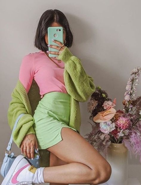 Pastel Pink And Green Outfit, Pink And Green Aesthetic Outfits, Green Pink Outfit, Pink And Green Outfits, Pink Green Outfit, Pink And Green Outfit, Pastel Aesthetic Outfit, Green Outfits For Women, Floral Dress Spring