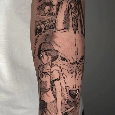 Princess Mononoke Anime Fine Line Tattoo Idea & Design on Men Forearm Half Sleeve Princess Mononoke Anime Tattoo Done At Mandrill Tattoo, Princess Mononoke Tattoo, Mononoke Anime, Texas Tattoos, Princess Tattoo, Fine Line Tattoo, Mandrill, Anime Tattoo, Line Tattoo