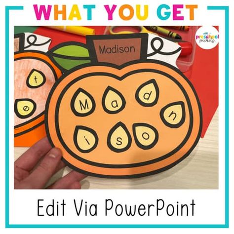 Fall Pumpkin Seed Name Craft Editable by Preschool Packets | TPT Preschool Pumpkin Crafts, Pumpkin Seed Crafts, Pumpkin Unit, Name Recognition, Fall Bulletin Boards, Pumpkin Craft, Preschool Classroom Decor, Name Crafts, Pumpkin Seed