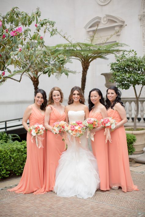 Peach-Colored Long Bridesmaid Dresses Peach Color Table Runner, Salmon Pink Bridesmaid Dresses, Peach Color Bridesmaid Dresses, Bridesmaid Dresses Coral, Color Bridesmaid Dresses, Peach Wedding Theme, Peach Wedding Dress, Peach Wedding Colors, Pastel Bridesmaids