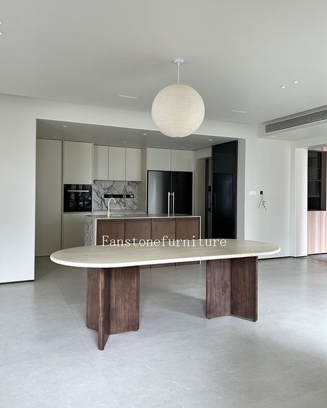 CUSTOM-White Travertine Tabletop & Walnut Base Dining Table The combination of white travertine and walnut is perfectly integrated into the home environment, creating a warm atmosphere! #homestyling #table #homedecor #furniture #marbletable #luxurylifestyle #interiordesign #naturalstone #interiorinspo #fanstonefurnitures #marble #interior #marblefurniture #decoration #uniquedesign #marblehome #homedecoration #decorativeart #homedecoratıon #homefurniture #italymarble #decorative #diningtable Travertine Dining Table, White Travertine, Marble Interior, Marble Home, Marble Furniture, Home Environment, Marble Table, Interior Inspo, Home Furniture