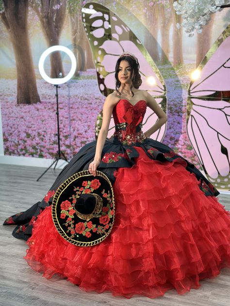 The Book Of Life Quinceanera Theme, Book Of Life Theme Quince, Book Of Life Quinceanera, Book Of Life Quinceanera Theme, Traditional Quinceanera Dresses Mexican, Red Charro Dress, Charro Theme, Quinceanera Dresses Mexican, Bell Sleeve Wedding Dress