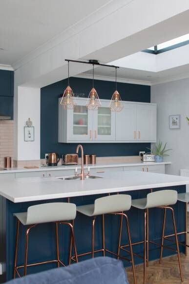 Blue Grey Kitchen Island, Navy And Rose Gold Kitchen, Wren Blue Kitchen, Winter Blue Kitchen Wren, Navy Kitchen Gold Handles, Wren Kitchen Shaker, Blue Grey Kitchen, Wren Kitchen Shaker Winter Blue, Howdens Chilcomb Navy