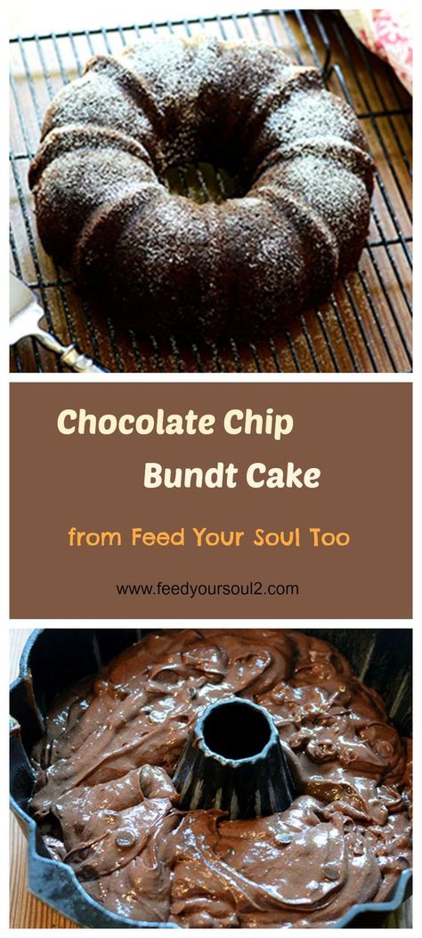 Chocolate Chip Bundt Cake from Feed Your Soul Too Pudding Bundt Cake, Sour Cream Pound Cake Recipe, Cream Pound Cake Recipe, Chocolate Chip Bundt, Three Cake, Chocolate Chip Pound Cake, Chocolate Chip Bundt Cake, Chocolate Chip Pudding, Sour Cream Pound Cake