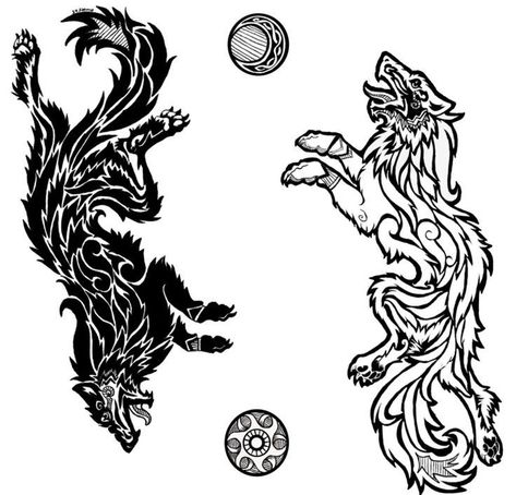 Other famous wolves that came from Norse mythology were Hati and Skoll. This pair of wolves was the children of Loki. In Old Norse, Hati meant "The One Who Hates" while Skoll meant "The One Who Mocks". The most famous story revolved around them was their chasing after the Sun and the Moon. Irish Celtic Tattoos, Celtic Tattoo Meaning, Celtic Tattoo Family, Celtic Tattoo For Women, Celtic Tattoos For Men, Fenrir Tattoo, Celtic Tattoo Symbols, Norse Mythology Tattoo, Tato Suku