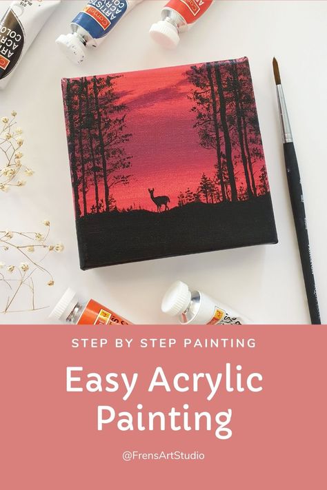 Acrylic Easy Painting Step By Step, Easy Landscape Painting Acrylic For Beginners, Simple Landscape Paintings For Beginners, Easy Forest Painting, Forest Painting Acrylic Easy, Forest Painting Tutorial, Forest Painting Easy, Paint Forest, Easy Acrylic Painting For Beginners