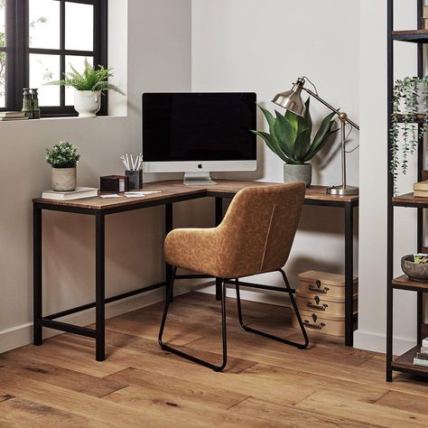 Sheffield corner desk and office chair set – Industrial - tan - Laura James Cozy Office Space At Home, Wooden Corner Desk, Office Decor Industrial, Cozy Office Space, Alex Desk, Leather Desk Chair, Desk Industrial, Industrial Frame, Industrial Style Desk