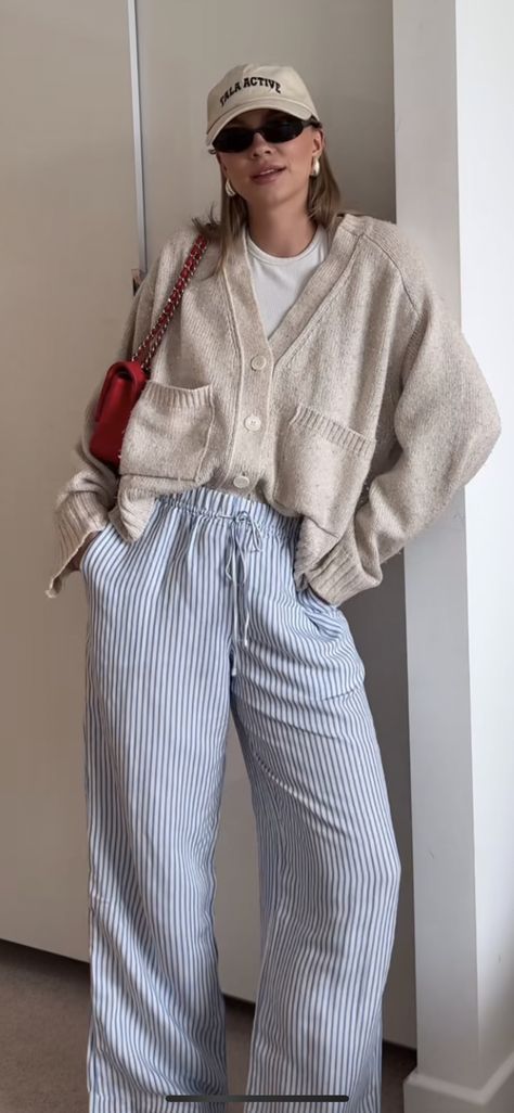 Winter Costal Granddaughter, Linen Pant Winter Outfit, Late September Outfits, Striped Pants Outfit Winter, Blue Stripe Pants Outfit, Blue Striped Linen Pants Outfit, Striped Blue Pants Outfit, Striped Pants Outfit Aesthetic, Warm Vacation Outfits