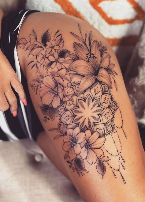 Tattoo Designs Leg Woman, Outer Thigh Tattoo Women, Mandala Thigh Tattoo Women, Thigh Tattoos With Color, Outer Thigh Tattoos Women, Big Tattoos For Women Thigh, Thigh Flower Tattoo Women, Tattoo Ideas Female Thigh Unique, Thigh Tattoos Meaningful