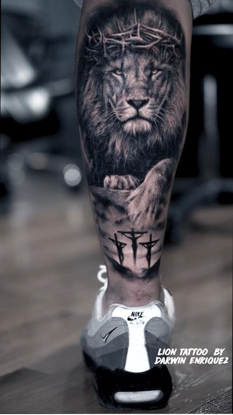 Lion Leg Tattoo, Lion Shoulder Tattoo, Calf Tattoo Men, Tattoo Studio Design, Biblical Tattoos, Tattoo Lion, Lion Tattoo Sleeves, Mens Lion Tattoo, Christian Sleeve Tattoo