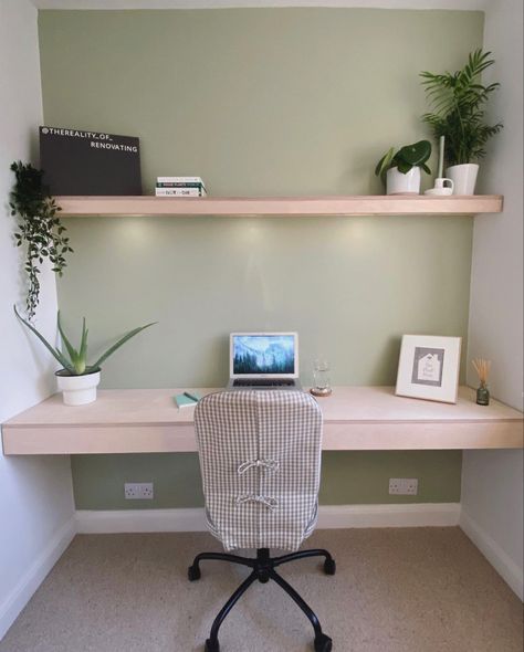 Mint Green Office Walls, Mint Home Office, Sage Accent Wall Office, Sage Office Decor, Sage Green Study Room, Light Sage Green Room, Sage Green Office Decor, Mint Green Bedroom Aesthetic, Sage Green Study