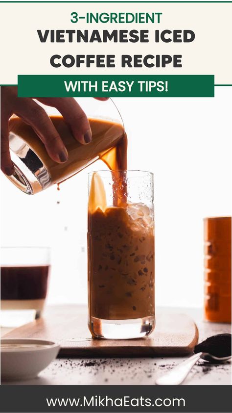 Person pouring iced coffee into a glass with text overlay promoting a Vietnamese coffee recipe. Iced Coffee Recipe With Condensed Milk, Vietnamese Coffee Recipe, Coffee With Condensed Milk, Vietnamese Iced Coffee Recipe, Asian Fusion Recipes, Iced Coffee Recipe, Vietnamese Iced Coffee, Iced Coffee At Home, Condensed Milk Recipes