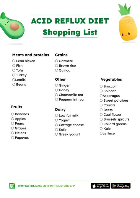 Acid Reflux Diet Food List (+ Shopping List and PDF) - Listonic Gastroesophageal Reflux Diet, Gerd Friendly Pasta Recipes, Foods Good For Acid Reflux Diet, Reflux Friendly Meals, Laryngopharyngeal Reflux Diet, Food For Acid Reflux Diet, Foods To Avoid For Acid Reflux Gerd Diet, Foods For Acid Reflux Diet, Acid Watchers Diet